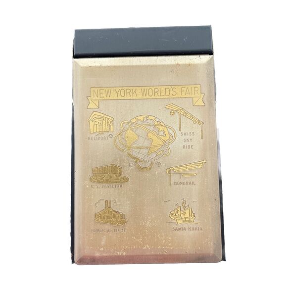 New York Worlds Fair Metal Note Pad Holder Graphics Heliport Sky Ride Monorail - Picture 1 of 9